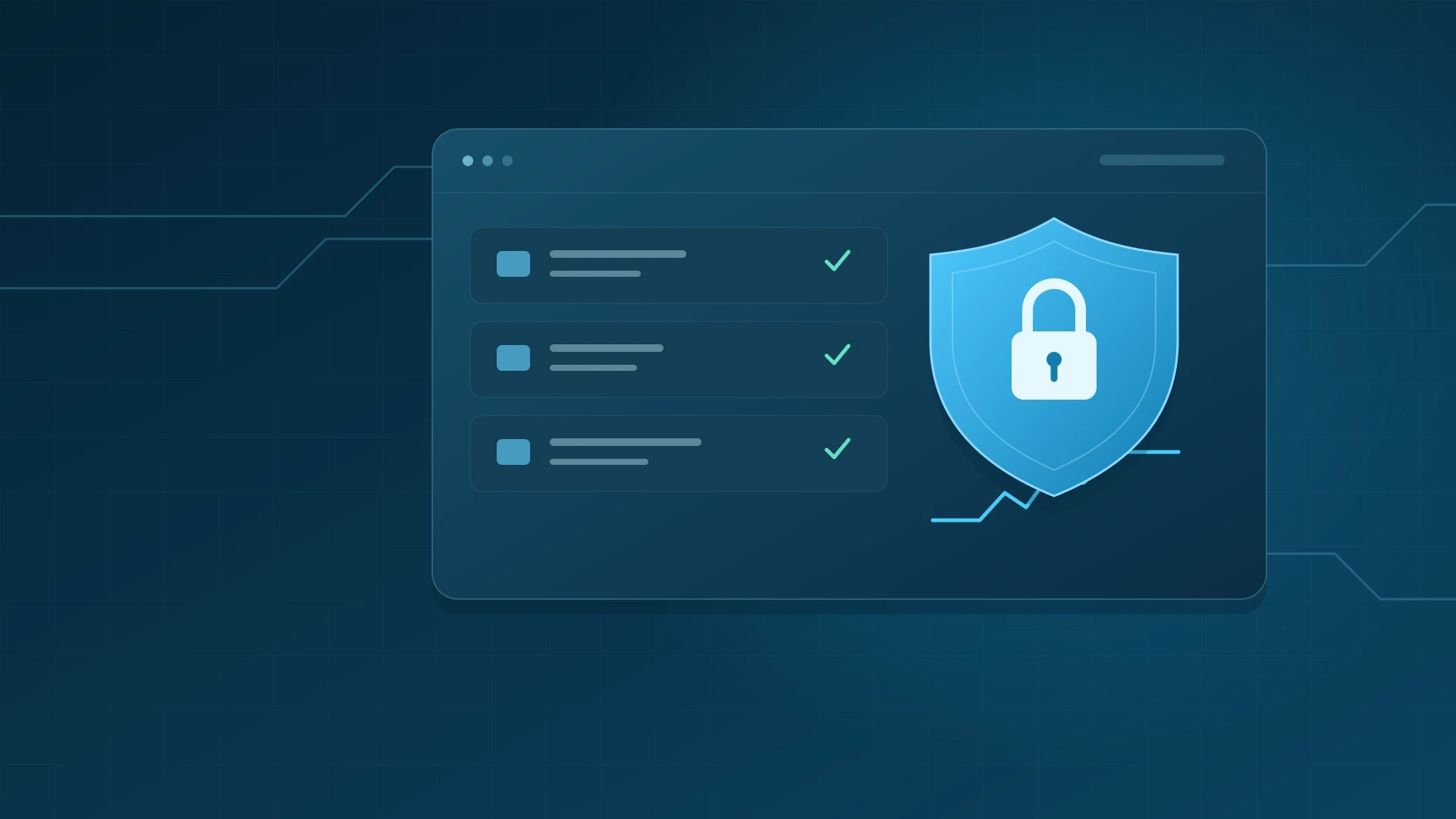 Illustration of a padlock shield beside monitored digital transactions.