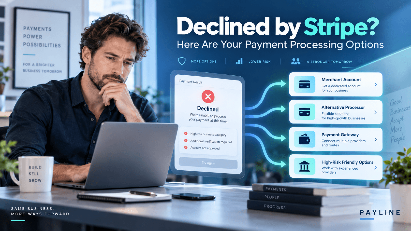 Business owner reviewing payment processing options after a Stripe decline