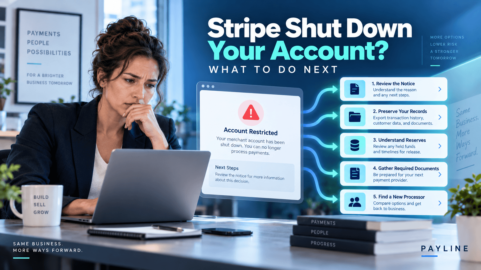 Business owner reviewing next steps after Stripe shuts down a merchant account