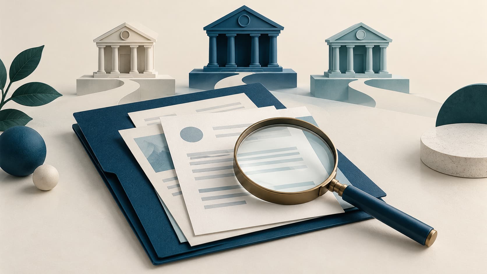Merchant application documents under a magnifying glass, with different acquiring-bank paths illustrated behind them